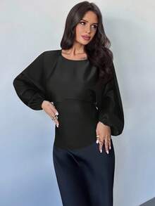 Firerie Women's New Elegant Romantic Casual Urban Commute Elegant Fashion Versatile Round Neck Batwing Long Sleeve Blouse, Suitable For Teachers, Autumn Black Top - Black - View 5