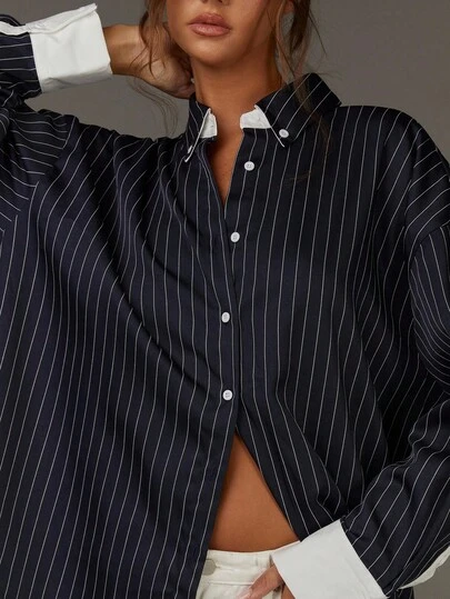 Athîral 女性用ファッショナブルでエレガントなストライプ柄ボタンダウン長袖シャツ