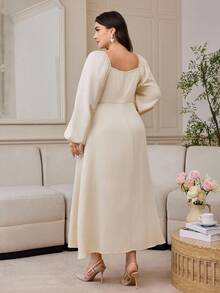 Modelyn Elegant Square Neck Waist Cinched Long Sleeve Plus Size Dress For Women - Apricot - View 2