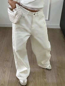 Livesso 女士纯色宽松哈伦牛仔裤，长款女式牛仔裤 - 白色 - 查看 5