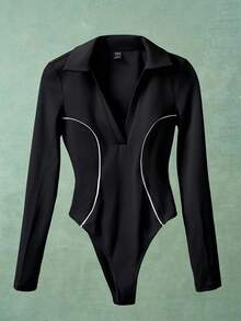 VARSIVA 女式纯色翻领长袖休闲健身连体裤 - 黑色 - 查看 3