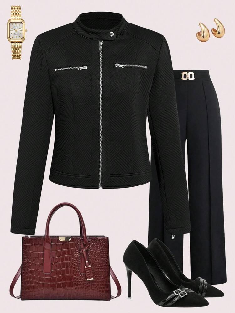 Ellevyn Women's Fitted PU Jacket With Zipper And Thermal Lined, Daily Wear Long Sleevegoing Out Saudi National Day Christmas Clothes Autumn Clothes For Women's Winter Jacket - Black - View 3