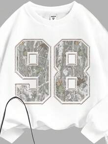 SHEIN Leap Crew 秋季迷彩树枝树叶图案，运动数字98印花，复古甜美美式校园风格，网眼淑女，城市漫步街头风，休闲校园运动，少女针织圆领字母图案宽松卫衣和喇叭裤两件套，复古街头风，轻松舒适，儿童秋季叠穿，2000年代风格，Y2K服饰，冬装，运动服 - 彩色 - 查看 4