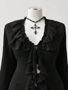 Sunspun Plus Size Women Solid Color Flare Sleeve Ruffle Patchwork Front Tie Fashionable Jacket Fall Winter Cloth For Women Autumn - Black - View 6