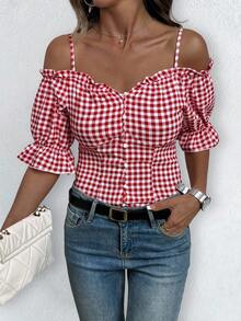 INAWLY Women's Summer Plaid Button Ruffle Ruffle Casual Blouse Women Shirt - Red - View 6
