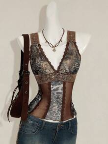 SHEIN ICON 女士性感火辣复古千禧风 Y2K 现代时尚个性前卫波西米亚风黑色佩斯利混色豹纹拼接网纱蕾丝撞色异域风情缎带V领修身上衣 - 彩色 - 查看 1