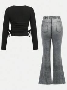 Bộ quần ống loe denim giả cho bé gái tuổi teen, thường ngày, giản dị, đường phố, màu đen, dài tay bó sát - màu đen - Xem 8