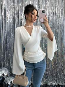 Rafferiza 女士纯色褶皱 V 领长袖休闲衬衫