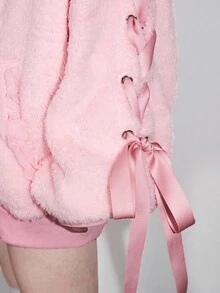 ROMWE Kawaii Rabbit Ear Bow Lace Trim Ribbon Decor Women Sweatshirt - Pink - View 5