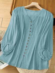 Linhara 大码女式休闲度假风格纯色 V 领灯笼袖纽扣装饰宽松衬衫，春夏 - 霧霾藍 - 查看 1