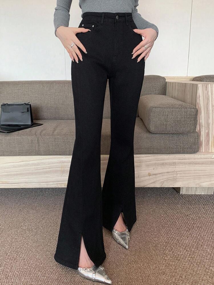 Solid Color Slit Flared Elegant Jeans