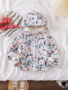 SHEIN Áo khoác len cardigan dài tay in họa tiết hoa ấm áp cho bé gái, thoải mái, có khóa kéo phía trước, phù hợp cho mùa đông - Màu Khaki - Xem 5