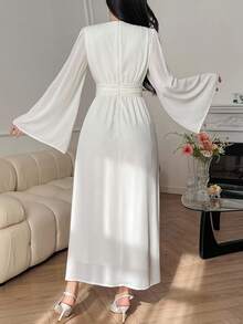 DAZY Váy dài vừa phải, tay loe, cổ chữ V màu trơn, nhún eo thanh lịch dành cho nữ - trắng - Xem 5