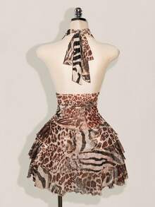 SHEIN ICON Vestido de malla con cuello halter, cintura fruncida y estampado de leopardo en talla grande - Multicolor - Ver 2