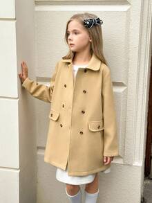 SHEIN Elladie kids Tween Girls' Fashionable Khaki Faux Pocket Front Double-Breasted Long Sleeve Woolen Jacket, Stylish & Cute, Autumn/Winter Fall - Khaki - View 3