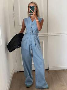 Livesso 女式夏季修身V领束腰无袖休闲牛仔连体裤和工装裤 - 白色 - 查看 6