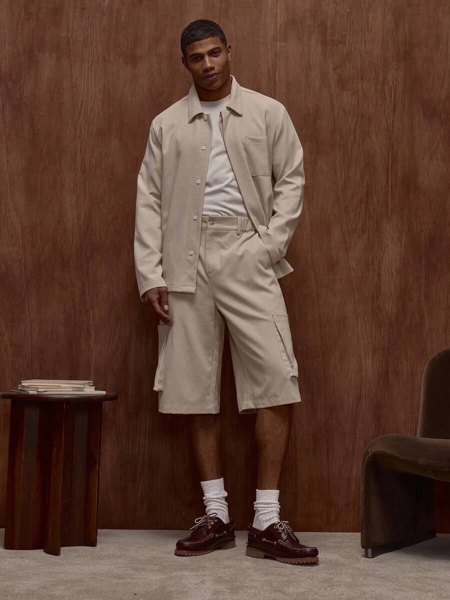 Musero Long Line Enlarged Premium Cargo Style Pocket Shorts /Winter - Apricot - View 1