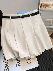 Franclia Plus Size Women Solid Color High Waist Pleated Loose Wide Leg Casual Shorts - White - View 1