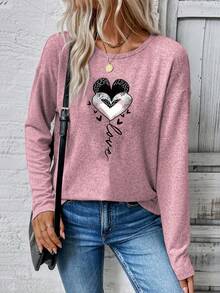 EMERY ROSE 女士心形印花休闲长袖T恤，粉色 - 粉色 - 查看 4