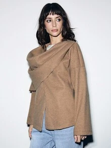 Lumivelle Women's Asymmetric Scarf Poncho Style Coat Jacket, Versatile For Autumn/Winter - Khaki - View 5