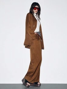 SHEIN Luminelle 女士秋季金属纽扣垫肩棉质休闲长款西装外套和裤子套装 - 鏽棕色 - 查看 6