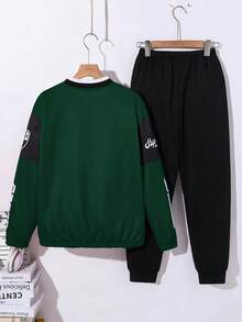 青少年男孩棒球夹克套装，宽松休闲摩托车图案运动运动服，适合通勤、上学、日常休闲、运动、秋冬 - 墨綠色 - 查看 4