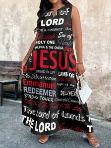 EMERY ROSE Plus Size Women V-Neck Letter Print Sleeveless Dress - Multicolor - View 3