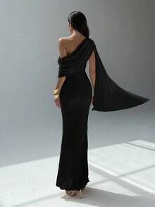 Aloruh 女士优雅派对纯色不对称领口连衣裙