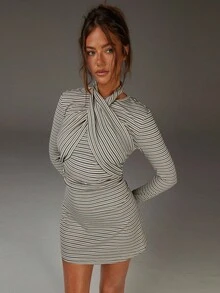 Athîral New Year Dress Women, Winter Dress Women, Striped Long Sleeves Chest Twist Halter Neck Long Sleeve Mini Dress - Multicolor - View 1