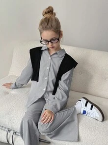 Tween Girls Striped Long Sleeve Shirt And Wide Leg Striped Pants With Shawl 2 Pieces Casual Set - Black - View 6