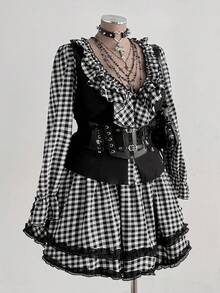 Sunspun Elegant Goth Black And White Autumn 70's Party Women Two Pieces Set,V-Neck Ruffle Patchwork Plaid 2 In 1 Top & Puff Cake Mini Skirt Japanese Outfit - Black and White - View 7
