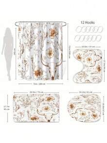 SHEIN 1 件复古植物与动物图案浴帘 - 乡村骷髅、棕褐色调、野玫瑰与罂粟花设计，防水涤纶，带 12 个挂钩，70x70 英寸，非常适合自然风格的浴室，防水窗帘 | 乡村风格浴室配件 | 棕褐色调窗帘，浴室浴帘套装 - 彩色 - 查看 5