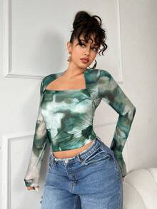 SHEIN SXY Plus Size Women Autumn Outing Mesh Tie-Dye Graphic T-Shirt, Suitable For Fall & Winter, White Christmas Eve Costume Party, Late Night, Birthday, Bachelorette Party Outfit, Cute, Casual, Shopping, Streetwear, Going Out, Easy To Match & Looks Slim, Accentuates Your Body, Flatters The Figure