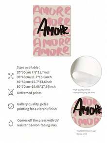 1 件无框粉色“Amore”印刷帆布画 - 现代爱情墙面艺术，卧室、客厅或家庭办公室的美学装饰，手绘风格，室内/室外使用，艺术墙面装饰 - 彩色 - 查看 9