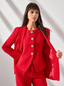 CLARA VERO Women's Red Gold Button Front Seam Detailed Wide Leg Good Quality Elegant Three Pieces Suit Set - Red - View 5