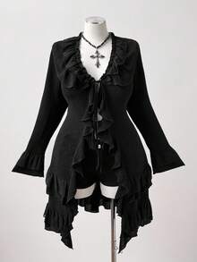 Sunspun Plus Size Women Solid Color Flare Sleeve Ruffle Patchwork Front Tie Fashionable Jacket Fall Winter Cloth For Women Autumn - Black - View 4