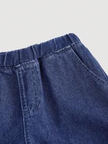 SHEIN Tween Girl Fall Winter France Casual Street Fashion Plain V-Neck Long Puff Sleeve TopDenim Jacket And Baggy Straight-Leg Pants Denim Two Pieces Set,Casual Collegiate Style Comfortable Fashion Minimalist Practical Versatile Soft Fabric,Girls Fall Winter Clothes Back To School Homecoming Outfits,Autumn Clothes,Streetwear Outfits - Medium Wash - View 4