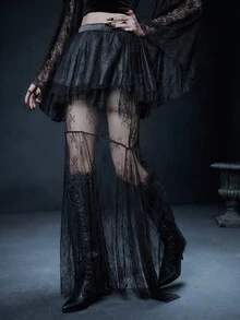 Glisette 女士分层蕾丝缎面蛋糕裙，中长款派对裙，秋冬 - 黑色 - 查看 6