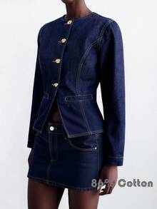 Maija 女式蓝色圆领插肩袖单排扣时尚牛仔夹克 - 深色水洗藍 - 查看 2