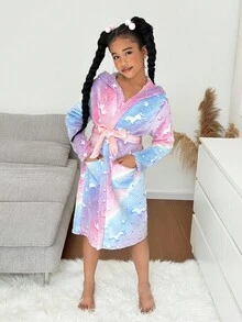 SHEIN Tween Girls Casual Knit Long Sleeve Sleepwear Robe, Autumn/Winter - Multicolor - View 3