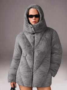 CasuGlow Áo khoác mùa đông chi tiết lông giả màu trơn cho nữ - Xám - Xem 4