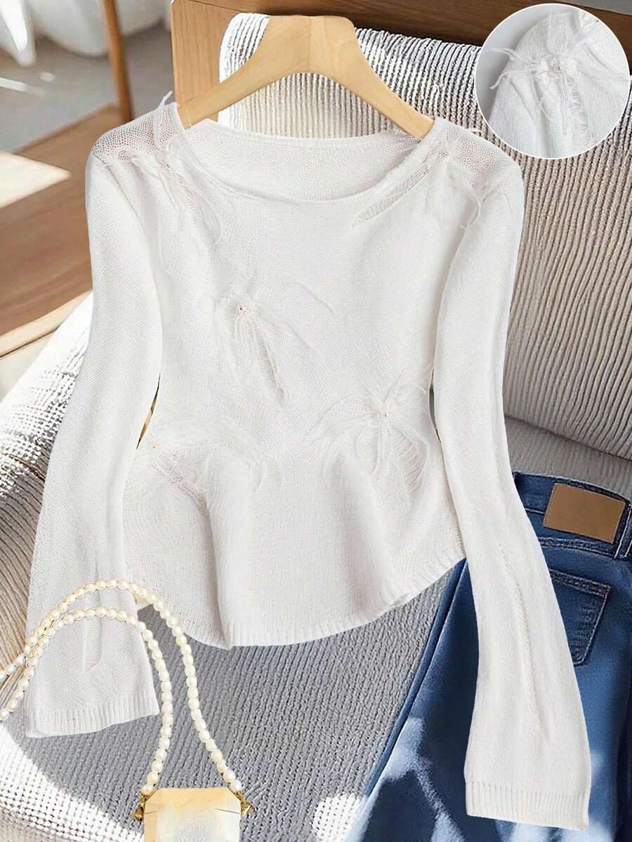 Franclia European & American New Blogger Same Style Sweet Hollow Out Floral Loose Flare Sleeve Pullover Sweater Fall Winter Cloth For WomenWomen's Autumn Clothingautumn Fall Clothes For Women Fall Autumn Clothes Fall Outfits For Women Autumn Outfits For Women Fall Clothes Autumn Women  Fall Women Clothes Autumn Clothing Elegant Fashionable Casual Commuting Business Office Daily Leisure All-Match Temperament Urban Teacher Professional Attire - White - View 1