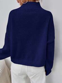 EURMUSE Mock Neck Drop Shoulder Sweater - Navy Blue - View 2