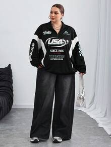 SHEIN CURVE+ 大码女式街头运动服、运动休闲、返校休闲色、秋冬彩色字母印花运动服 - 彩色 - 查看 5