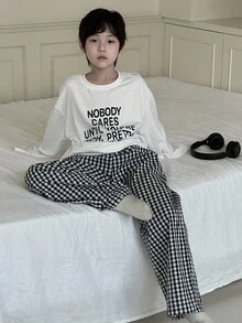 DAZY 青少年男孩标语印花长袖上衣和格子裤睡衣套装 - 黑與白 - 查看 4