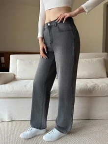 SHEIN Tall 女士休闲直筒保暖牛仔裤，秋冬季 - 灰色 - 查看 5