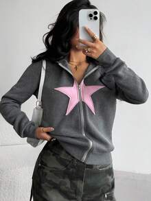 SHEIN Vintage Casual Star Embroidered Comfortable Versatile Gray Long Sleeve Hoodie Sweatshirt Jacket For Teen Girls Fall Winter