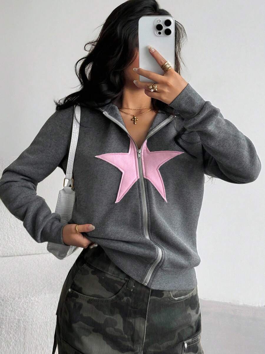 SHEIN Vintage Casual Star Embroidered Comfortable Versatile Gray Long Sleeve Hoodie Sweatshirt Jacket For Teen Girls Fall Winter
