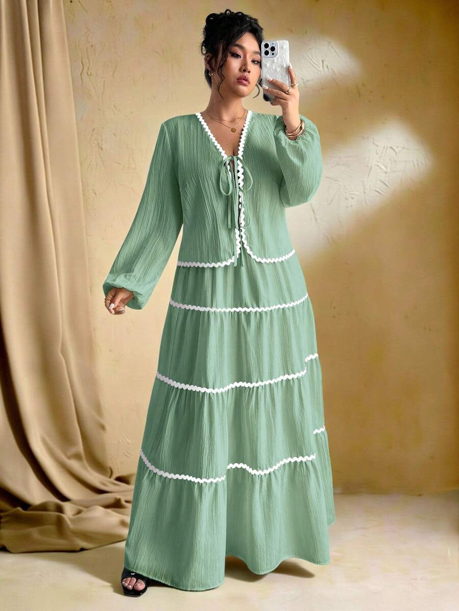 SHEIN Tall 加大码女式编织纹理长袖开衫，搭配系带腰带、撞色荷叶边下摆设计、松紧腰长裙、法式优雅浪漫两件套 - 薄荷綠 - 查看 1