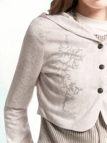 Bloopia Korean Style Casual Lazy Personalized Rejuvenating Women's Autumn/Winter Halloween New Thorn Rhinestone Print Knit Patchwork Zipper 2 In 1 Slim Fit Long Sleeve Hooded Cardigan - White - View 6